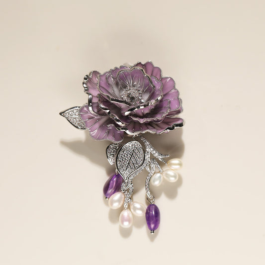 Purple Rose Brooch - Natural Pearl & Amethyst Corsage Accessory