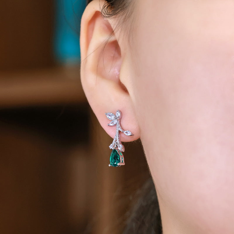 Botanical Pear-Cut Lab-Grown Emerald Flower Branch Drop Earrings | 925 Silver | Dapaza