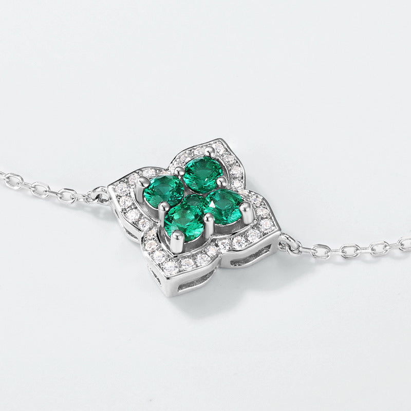 Lucky Clover: French Four-Leaf Lab-Grown Emerald Bracelet | 925 Silver | Dapaza
