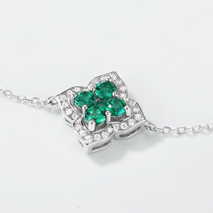 Lucky Clover: French Four-Leaf Lab-Grown Emerald Bracelet | 925 Silver | Dapaza