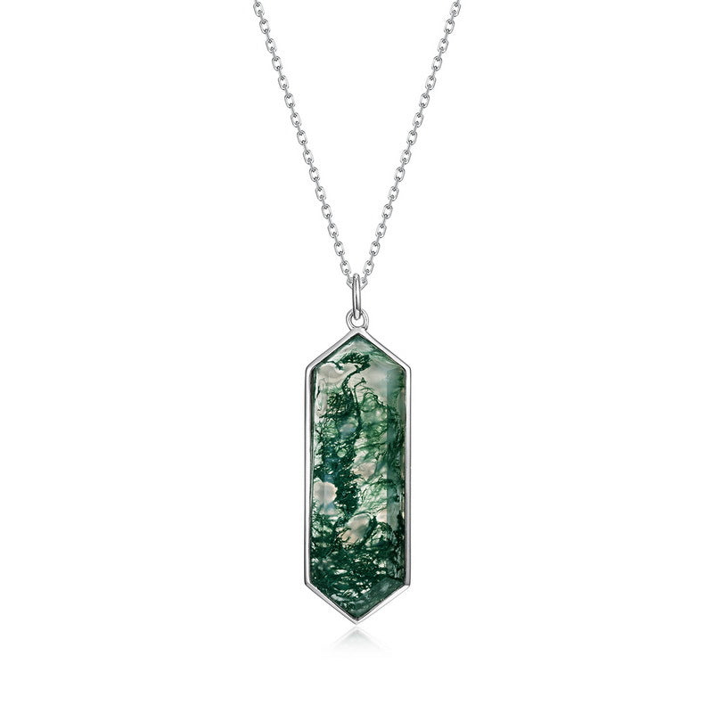 Statement Geometric Moss Agate Pendant Necklace | S925 Silver