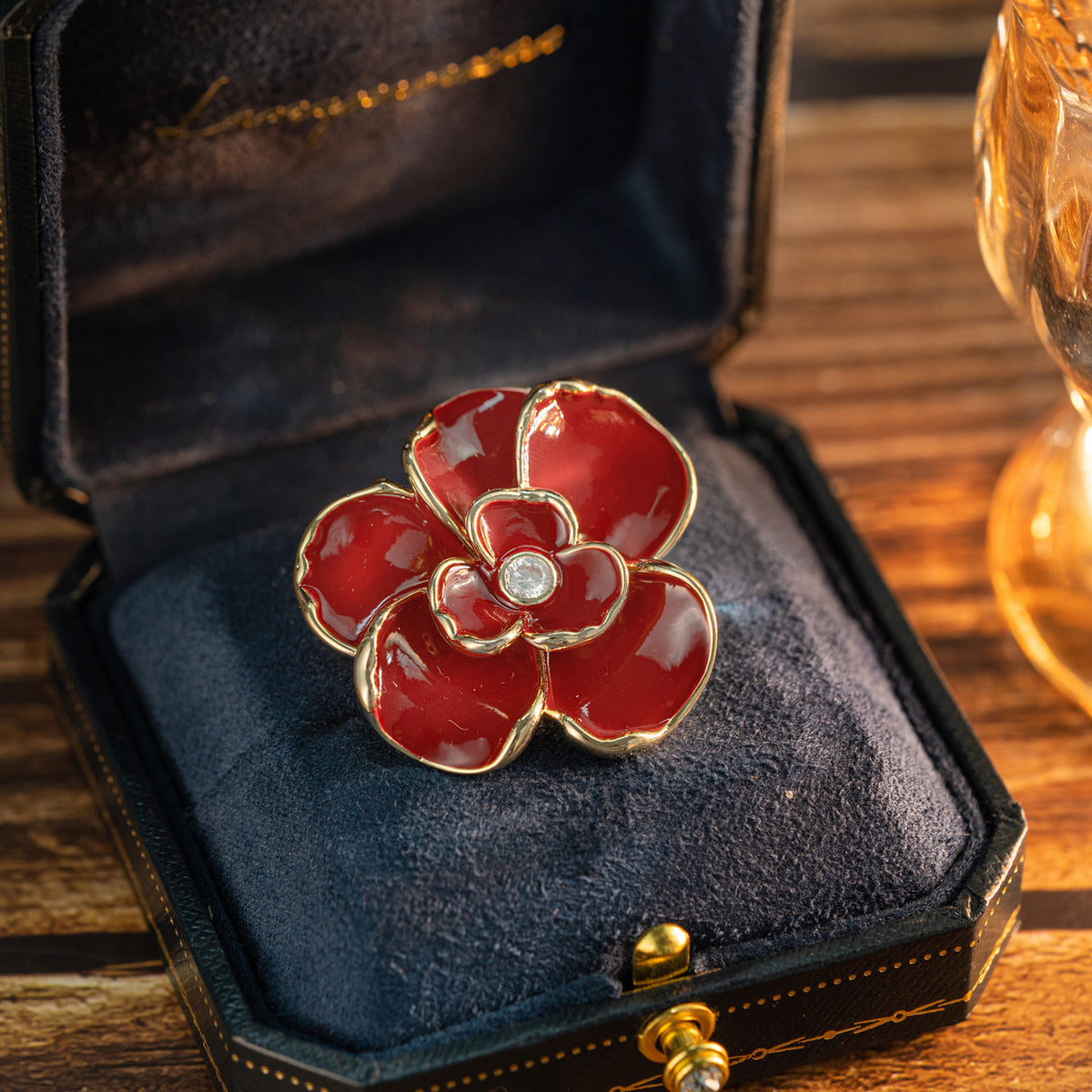 Stylish Red Peony Brooch with Diamonds