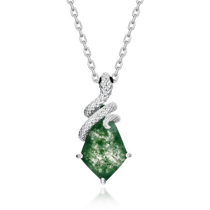 Snake Moss Agate Pendant Necklace | S925 Sterling Silver