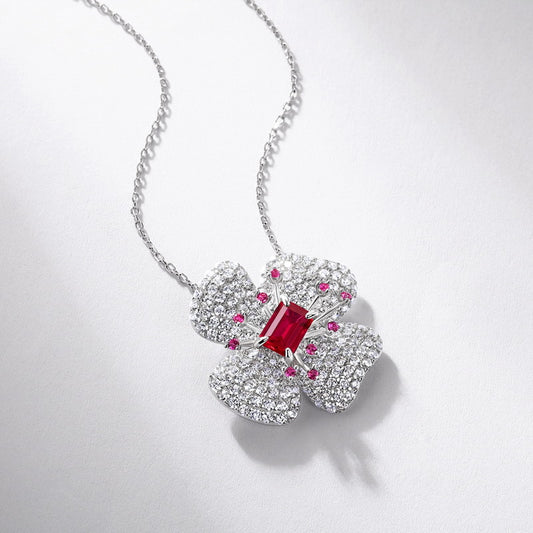 Lucky Bloom: Four-Leaf Clover Lab-Grown Ruby Pendant Necklace | 925 Silver | Dapaza