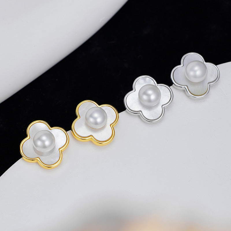 S925 Sterling Silver French Lucky Grass Mother Pearl Earrings Ear Jewelry