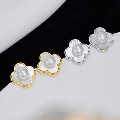 S925 Sterling Silver French Lucky Grass Mother Pearl Earrings Ear Jewelry