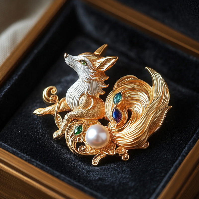 Natural Freshwater Pearl Cute Fox Brooch