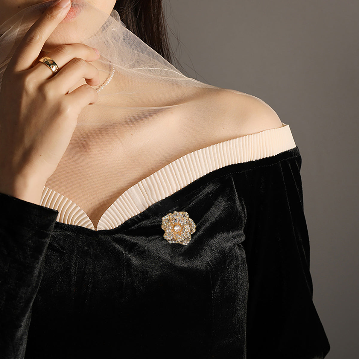 Gold and White Peony Brooch with Diamonds