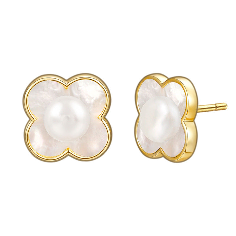 S925 Sterling Silver French Lucky Grass Mother Pearl Earrings Ear Jewelry