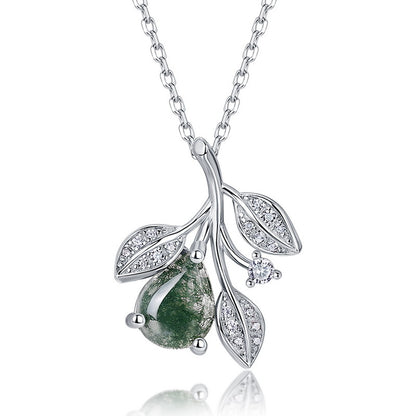 Natural Pear-Cut Moss Agate Teardrop Necklace - S925 Sterling Silver