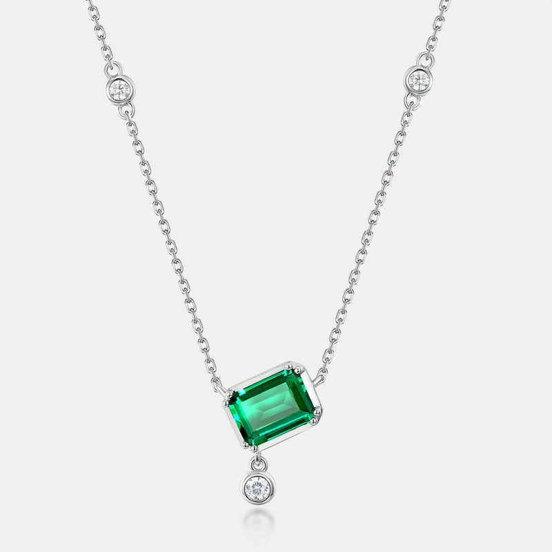 Geometric Lab-Grown Emerald Dancing Stone Necklace - S925 Sterling Silver