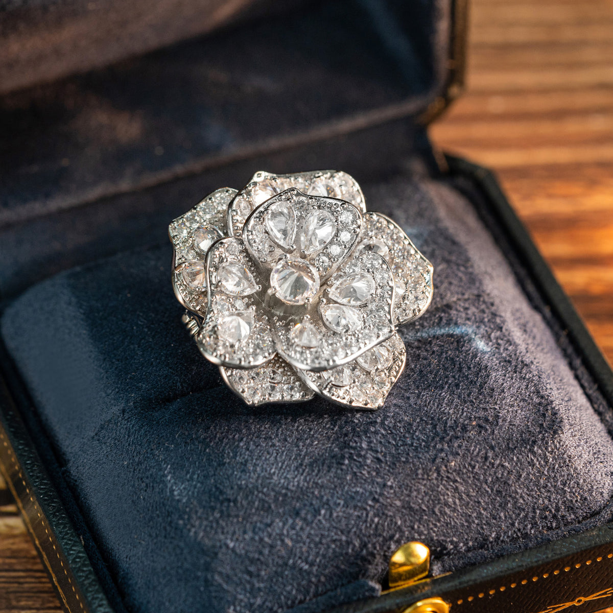 Gold and White Peony Brooch with Diamonds