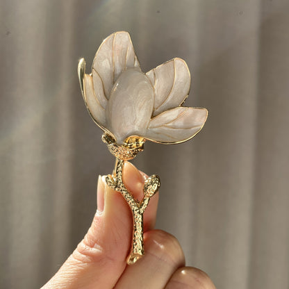 French Vintage Enamel Magnolia Brooch