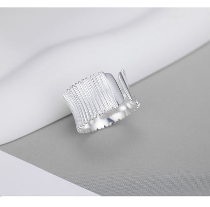 Niche Design 925 Sterling Silver Pleated Wide-sided Geometric Striped Opening Adjustable Ring
