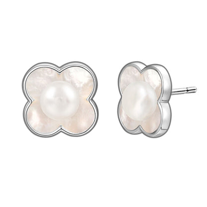 S925 Sterling Silver French Lucky Grass Mother Pearl Earrings Ear Jewelry