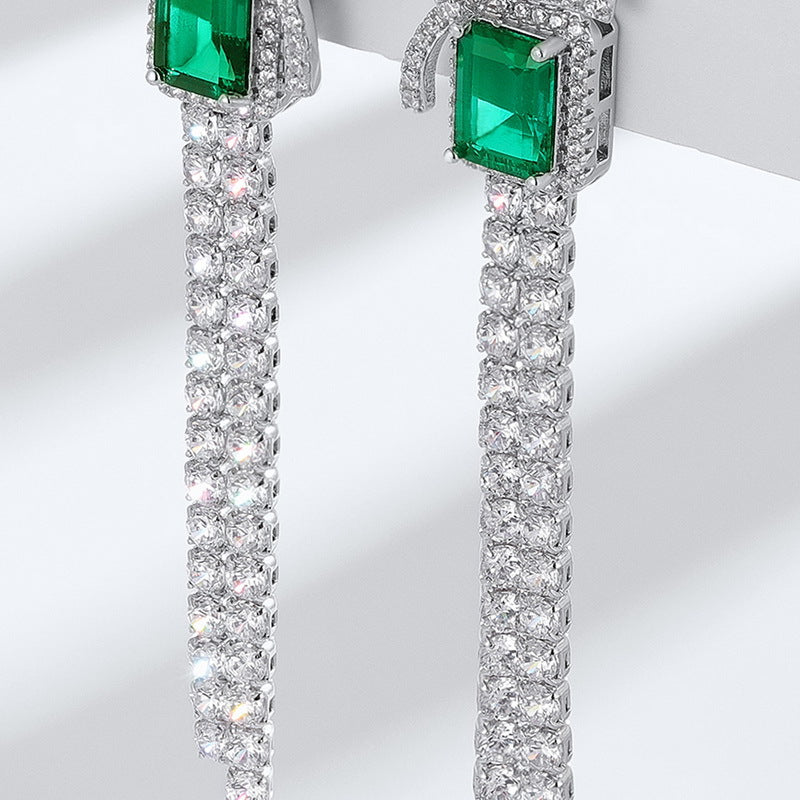 Sustainable 2.6CT Lab-Grown Emerald Bow Tassel Earrings | 71mm Drop Platinum Plated 925 Silver | Dapaza