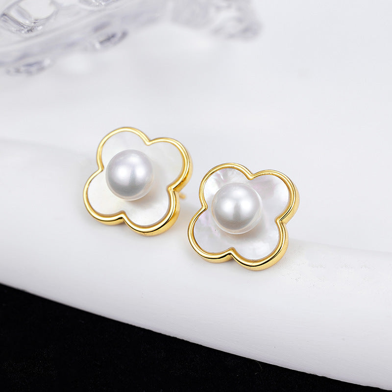 S925 Sterling Silver French Lucky Grass Mother Pearl Earrings Ear Jewelry