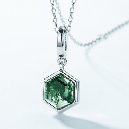 Geometric Moss Agate Pendant Necklace | S925 Sterling Silver