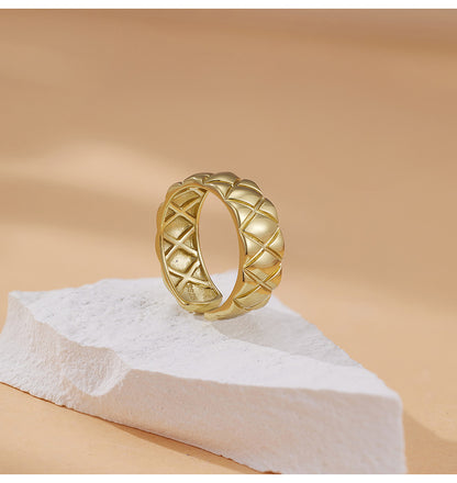 Classic S925 Sterling Silver Diamond Pattern Ring - Heavily Crafted, Exquisite, and Adjustable Open Ring