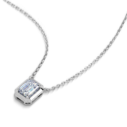 Vintage 1.18CT Emerald Cut CVD Lab Grown Diamond Bezel Pendant Necklace | S925 Sterling Silver Octagon Solicle Chain - Dapaza