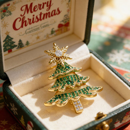 Copper Zircon 18k Gold Christmas Tree Brooch Rotatable Snowflake Corsage