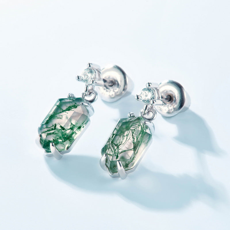 Geometric Hexagon Natural Moss Agate Drop Earrings - S925 Sterling Silver