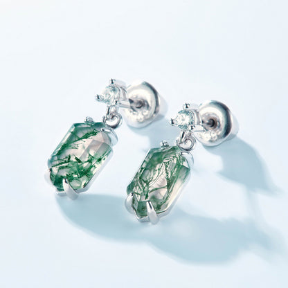 Geometric Hexagon Natural Moss Agate Drop Earrings - S925 Sterling Silver