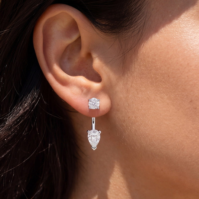 Chic 2.0CTW HPHT Pear & Round Lab Grown Diamond Ear Jacket Earrings | S925 Sterling Silver Floating Drop Studs - Dapaza