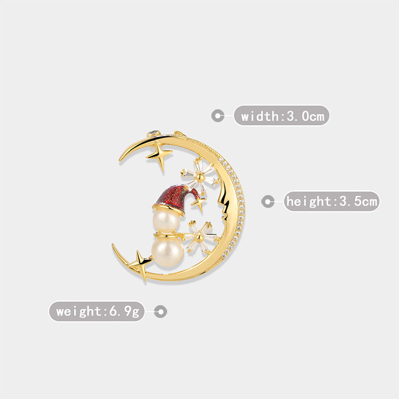 Zircon Moon Snowman Brooch, Freshwater Pearl Oil Christmas Gift Pin