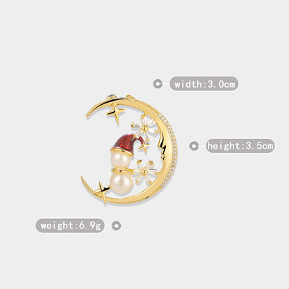 Zircon Moon Snowman Brooch, Freshwater Pearl Oil Christmas Gift Pin