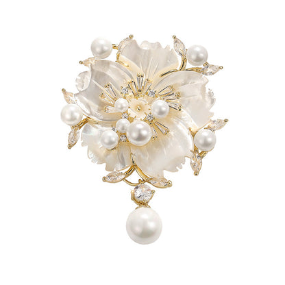 Shell Pearl Zircon Camellia Brooch