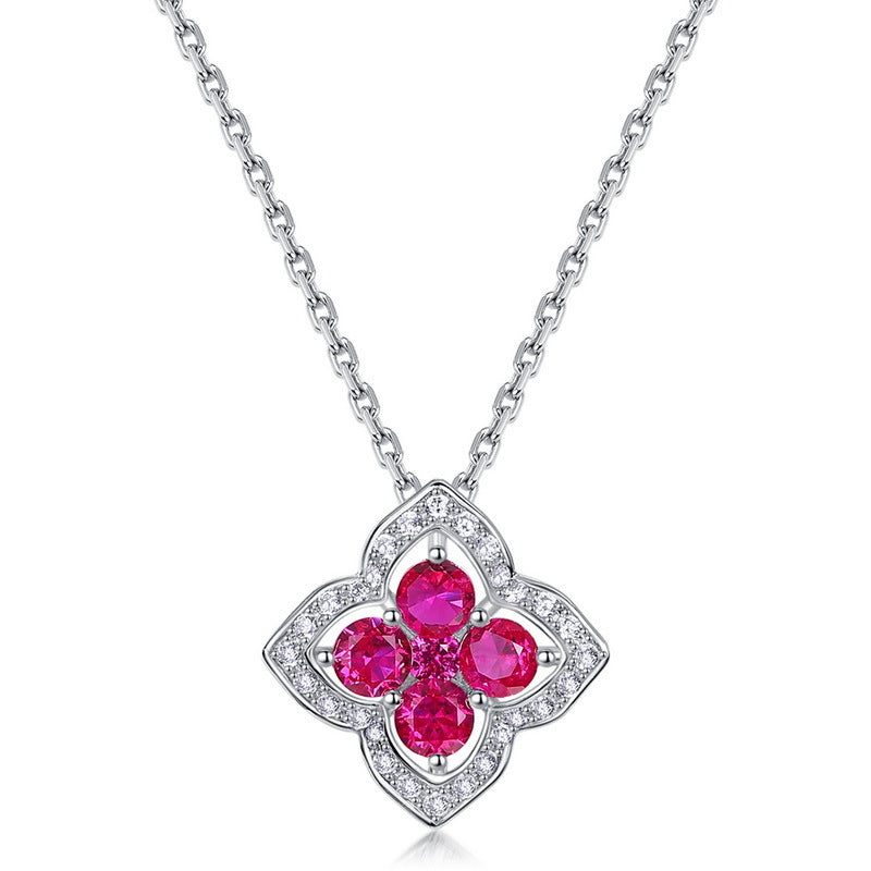 Four-Leaf Clover Lab-Grown Emerald & Ruby Necklace - S925 Sterling Silver