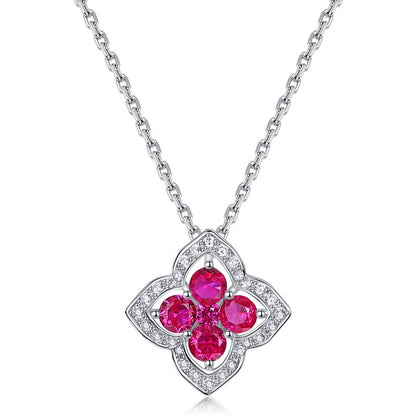Four-Leaf Clover Lab-Grown Emerald & Ruby Necklace - S925 Sterling Silver
