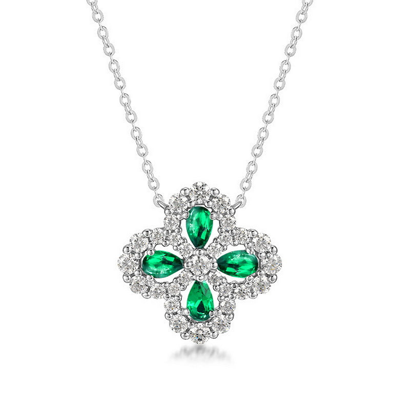 Lab-grown Emerald Clover Ring with S925 Sterling Silver and Lab-grown Ruby Jewelry Set