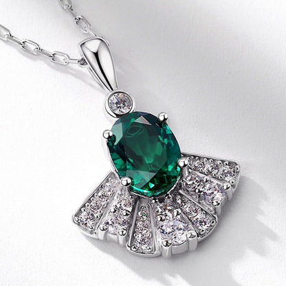 Dapaza Fan-Shaped Lab-Grown Emerald Pendant Necklace | S925 Sterling Silver