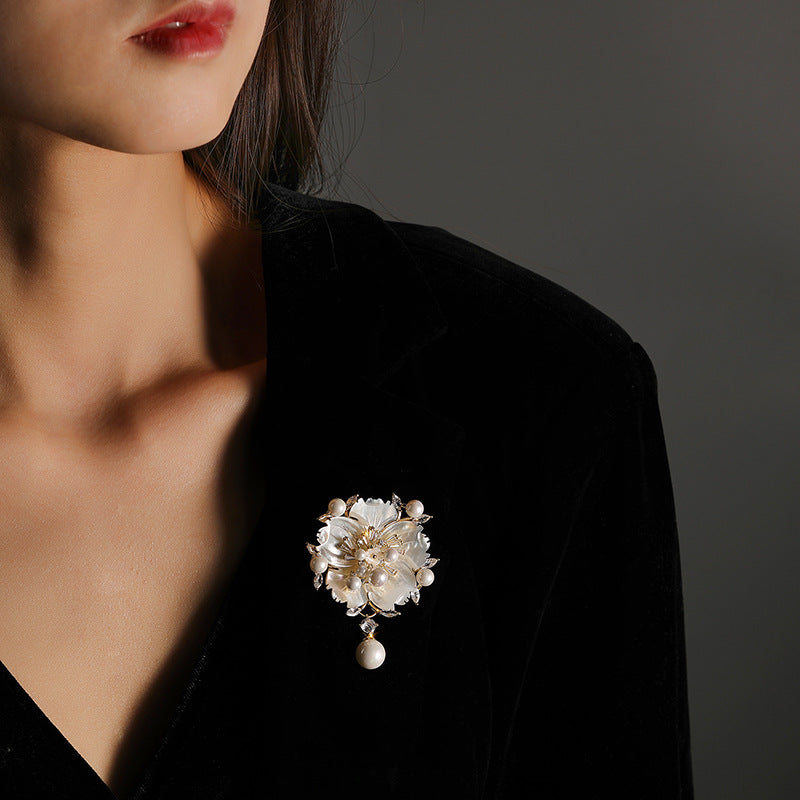 Mother Shell Brooch Pearl Camellia Zircon Corsage