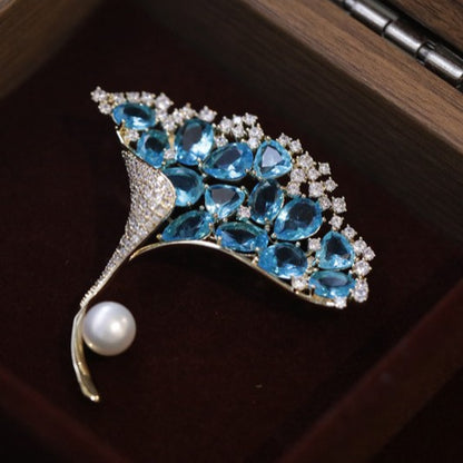 Blue Ginkgo Leaf Copper Zircon Brooch