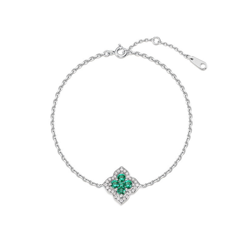 Lucky Clover: French Four-Leaf Lab-Grown Emerald Bracelet | 925 Silver | Dapaza