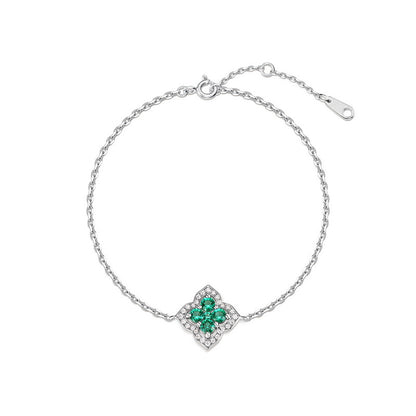 Lucky Clover: French Four-Leaf Lab-Grown Emerald Bracelet | 925 Silver | Dapaza