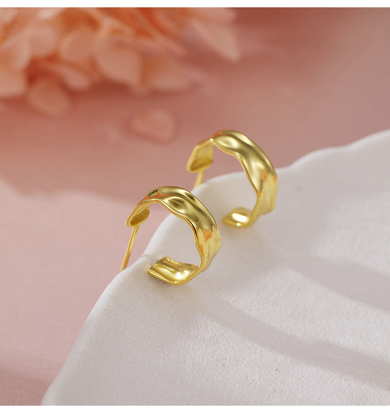 New 925 Sterling Silver Irregular Geometric Earrings - Women's Fashion Polished Foil Crinkle Studs