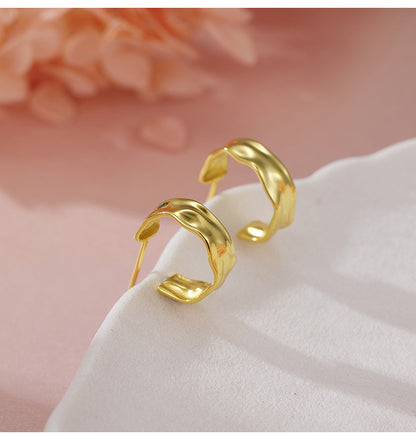 New 925 Sterling Silver Irregular Geometric Earrings - Women's Fashion Polished Foil Crinkle Studs