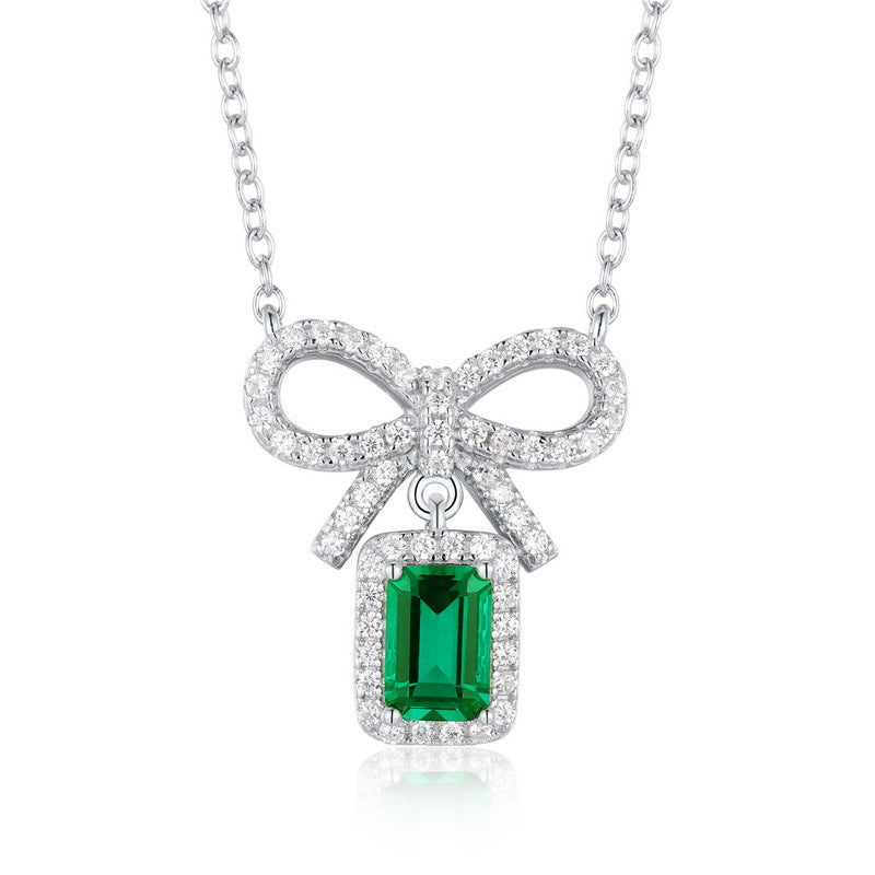 Modern Bow: Radiant Lab-Grown Emerald Ribbon Necklace | S925 Silver | Dapaza