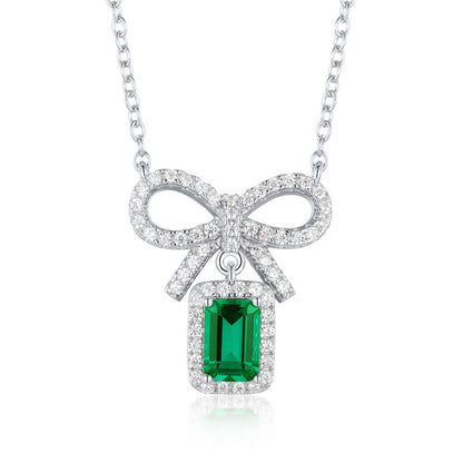 Modern Bow: Radiant Lab-Grown Emerald Ribbon Necklace | S925 Silver | Dapaza
