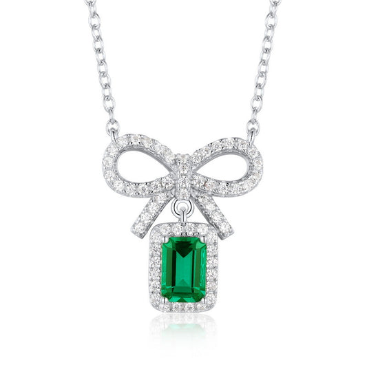Modern Bow: Radiant Lab-Grown Emerald Ribbon Necklace | S925 Silver | Dapaza