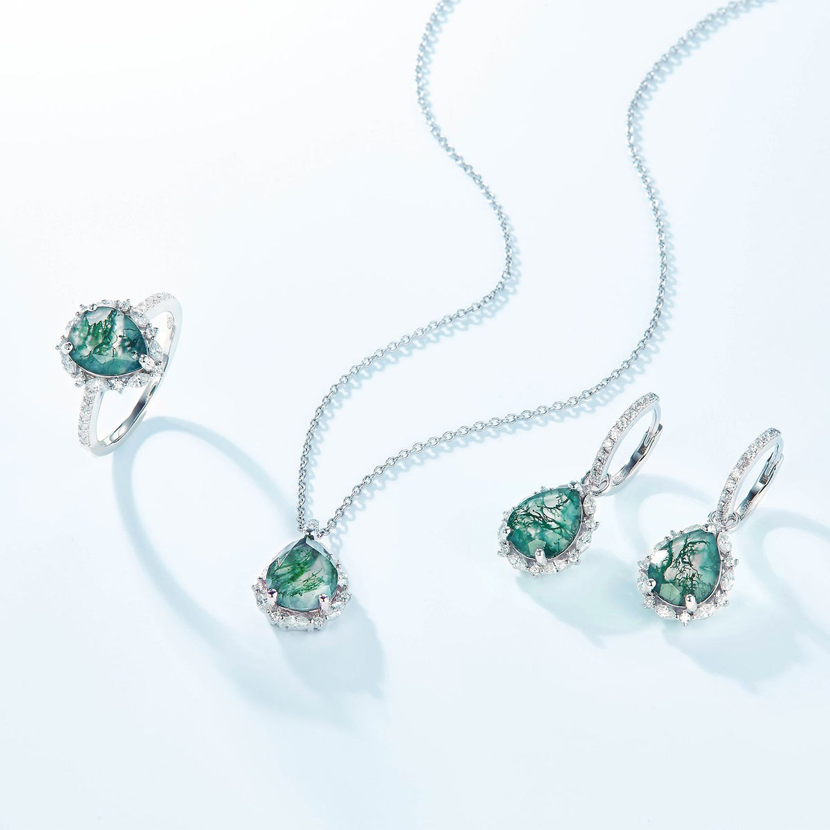 Pear-Cut Natural Moss Agate Halo Drop Earrings - S925 Sterling Silver