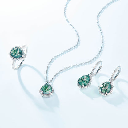 Pear-Cut Natural Moss Agate Halo Drop Earrings - S925 Sterling Silver