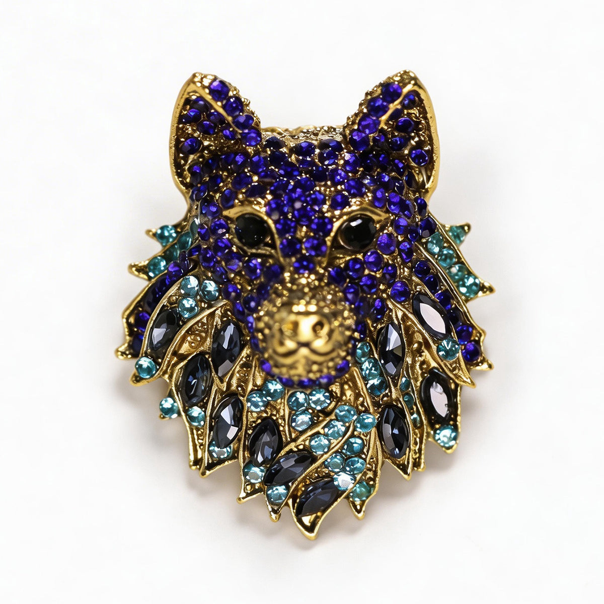 Retro Rhinestone Wolf Head Brooch