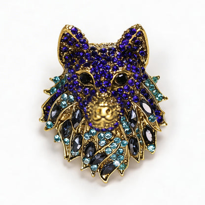 Retro Rhinestone Wolf Head Brooch