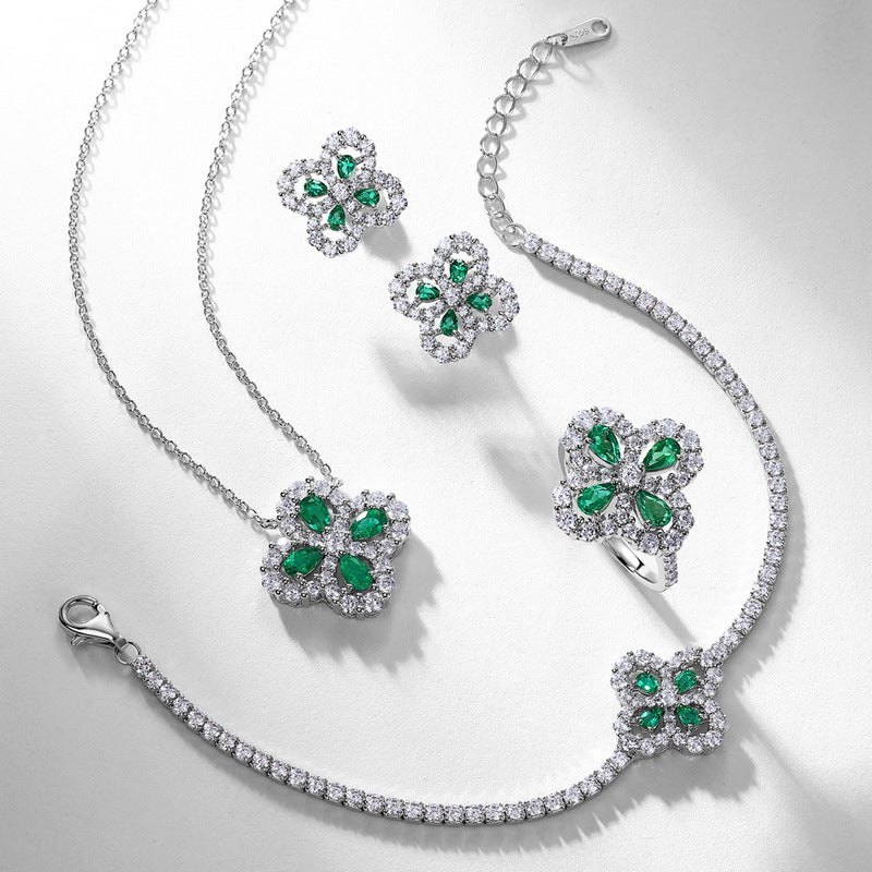 Lab-grown Emerald Clover Ring with S925 Sterling Silver and Lab-grown Ruby Jewelry Set