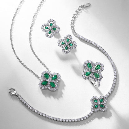 Lab-Grown Emerald Four-Leaf Clover Jewelry Set - S925 Sterling Silver